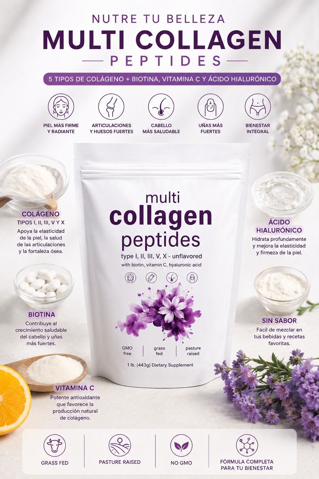 Multi Collagen Peptides en Polvo - Sin Sabor (443g)